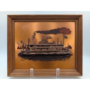 VTG Copper Relief Wall Art 3D Steamboat Scene Signed John Louw '96 USA Framed